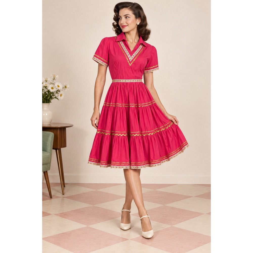 Vintage Patio Square Dancing Dress Women S Pink 50s Metal Zip Ric Rac Rockabilly
